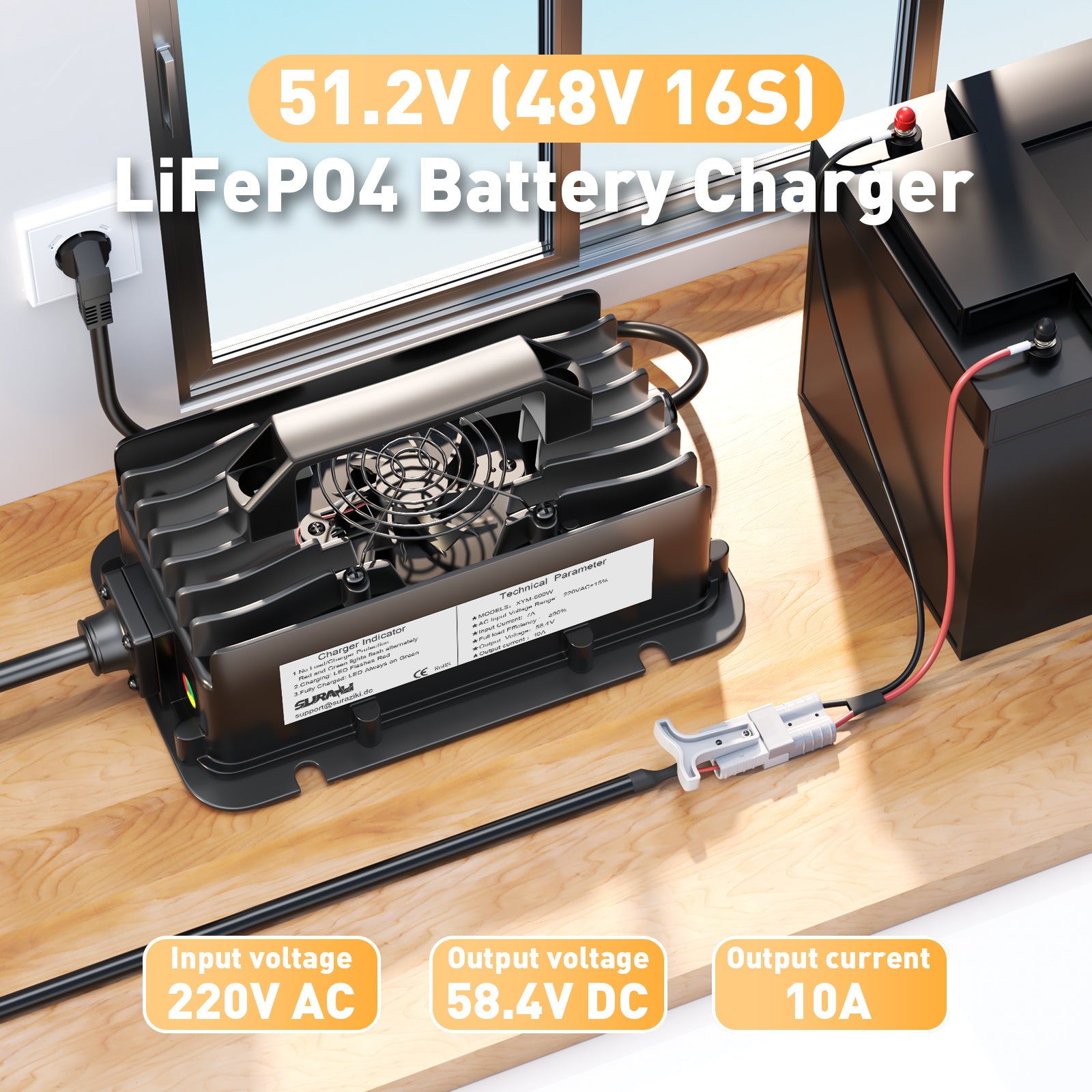 Suraziki 51, 2 V (48 V 16S) Chargeur de batterie LiFePO4, chargeur au lithium étanche 58, 4 V 10 A, activation BMS 0 V, coupure automatique