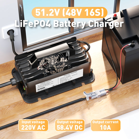 Suraziki Chargeur de batterie LiFePO4 51.2V (48V 16S), Chargeur lithium étanche 58.4V 10A, Activation BMS 0V, Arrêt automatique