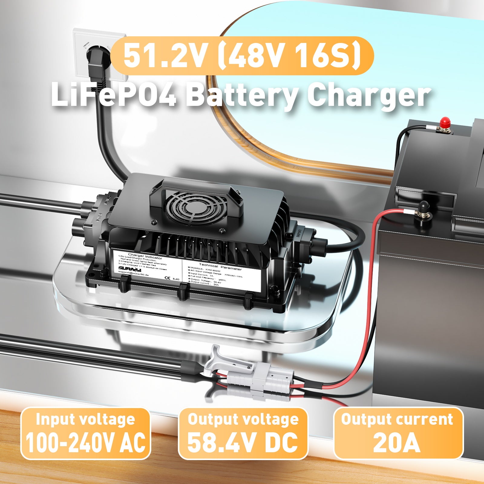 Suraziki 51,2V (48V 16S) LiFePO4 Chargeur de batterie , chargeur lithium étanche 58,4V 20A avec activation BMS 0V, adapté pour les voitures de golf et les moteurs électriques