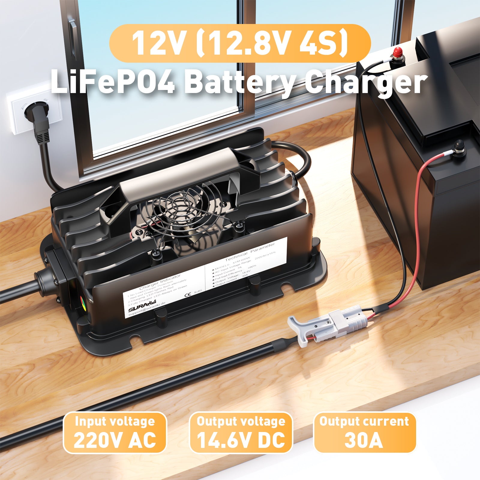  Suraziki Chargeur de batterie 12V LiFePO4, chargeur au lithium étanche 14,6V 30A, activation 0V BMS