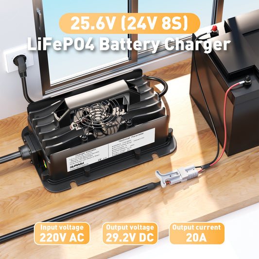 Suraziki Chargeur de batterie 24V LiFePO4, chargeur au lithium étanche 29,2V 20A avec activation 0V BMS