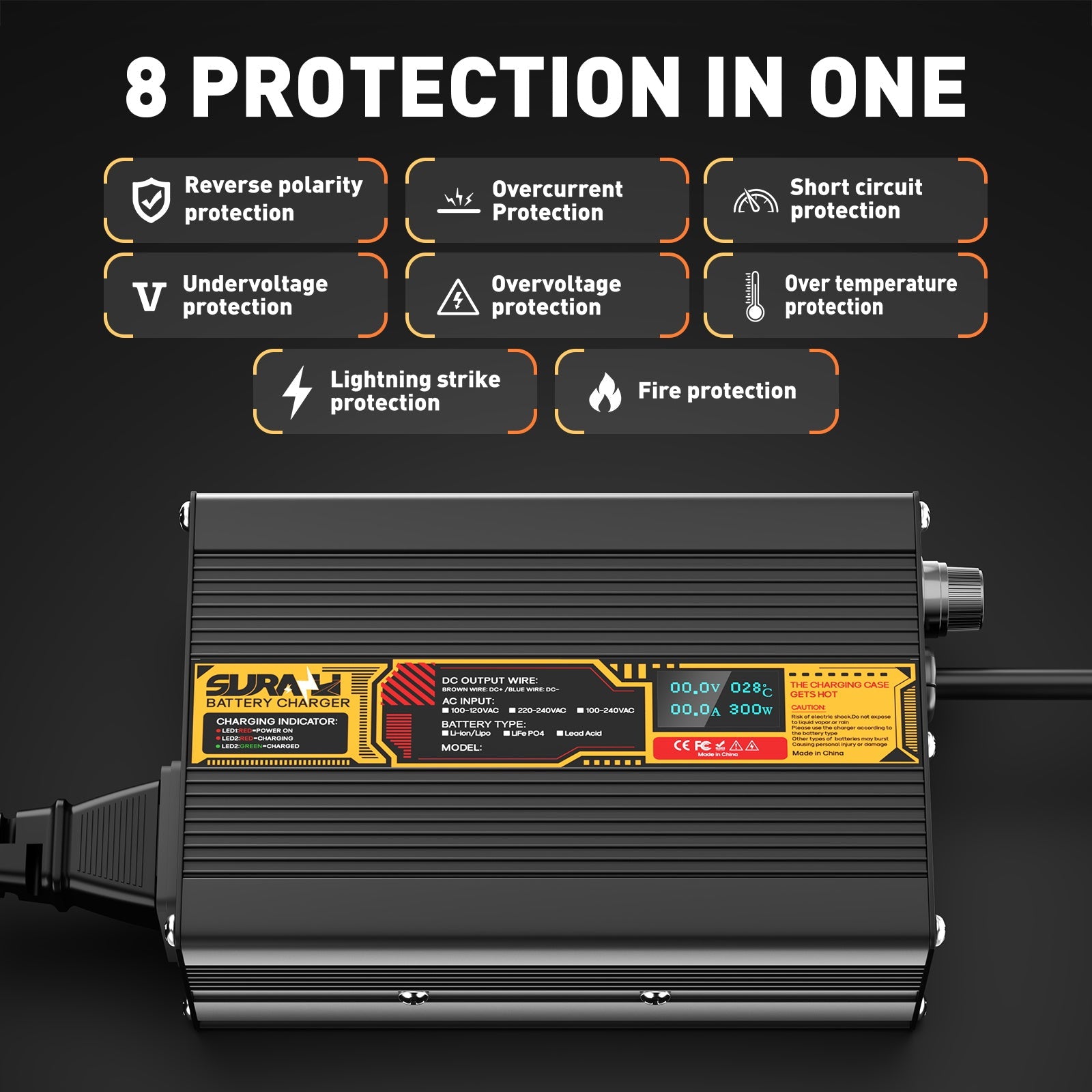 Chargeur de batterie Suraziki Lithium 84 V 3 A pour batteries lithium-ion polymère 74 V et 72 V, affichage LED, protection complète, coque en alliage d'aluminium