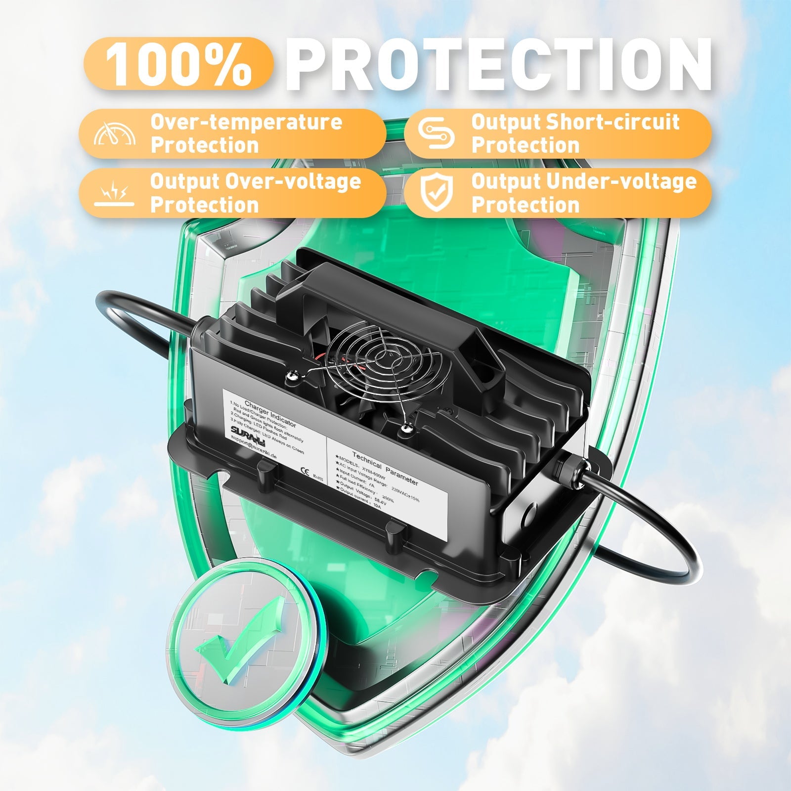 Suraziki 51, 2 V (48 V 16S) Chargeur de batterie LiFePO4, chargeur au lithium étanche 58, 4 V 10 A, activation BMS 0 V, coupure automatique