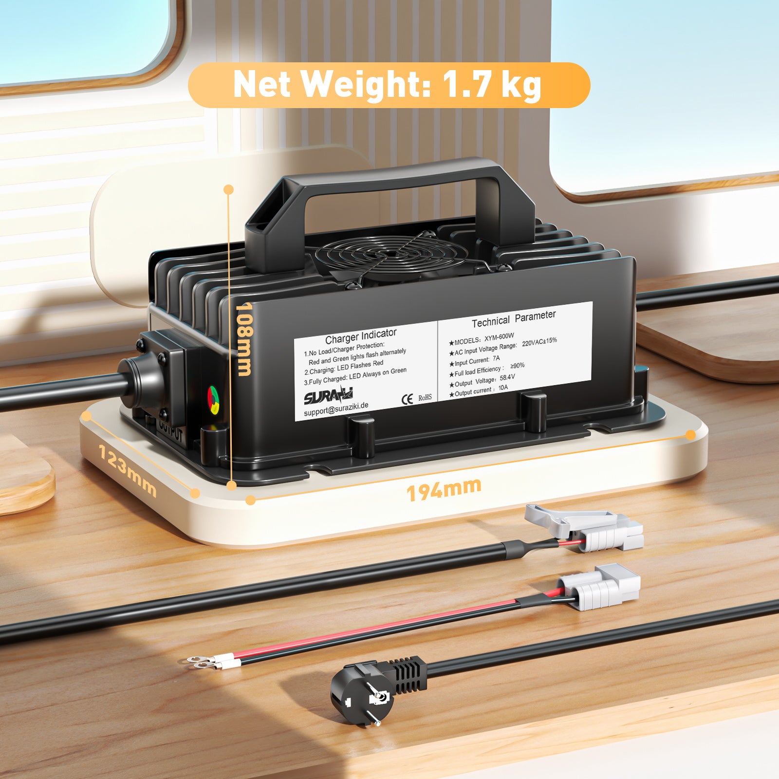 Suraziki Chargeur de batterie LiFePO4 51.2V (48V 16S), Chargeur lithium étanche 58.4V 10A, Activation BMS 0V, Arrêt automatique