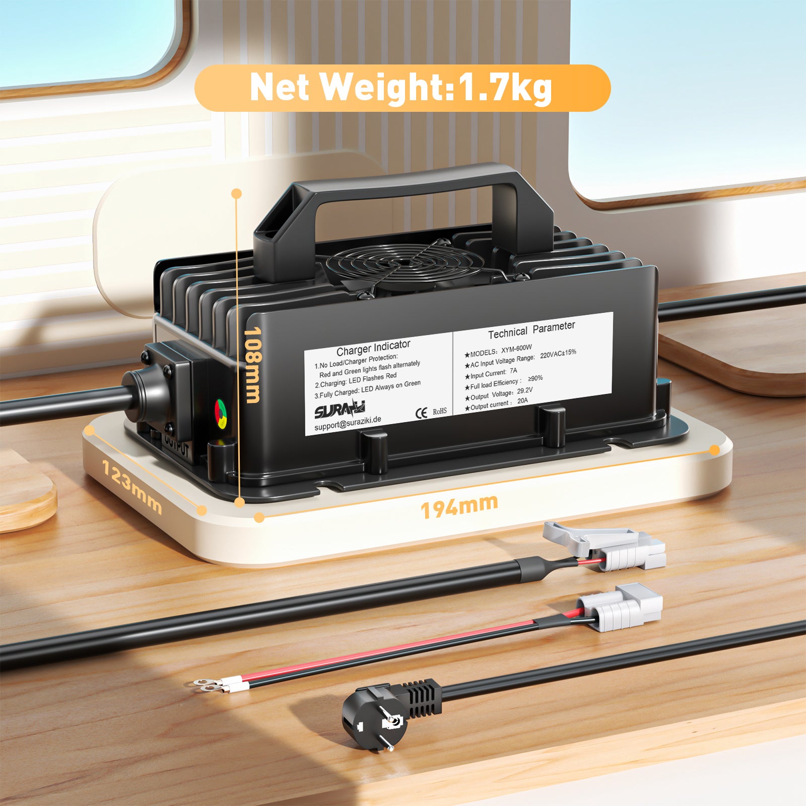 Suraziki 24V LiFePO4-Batterieladegerät, 29,2V, 20A, wasserdichtes Lithium-Ladegerät mit 0V BMS Aktivierung