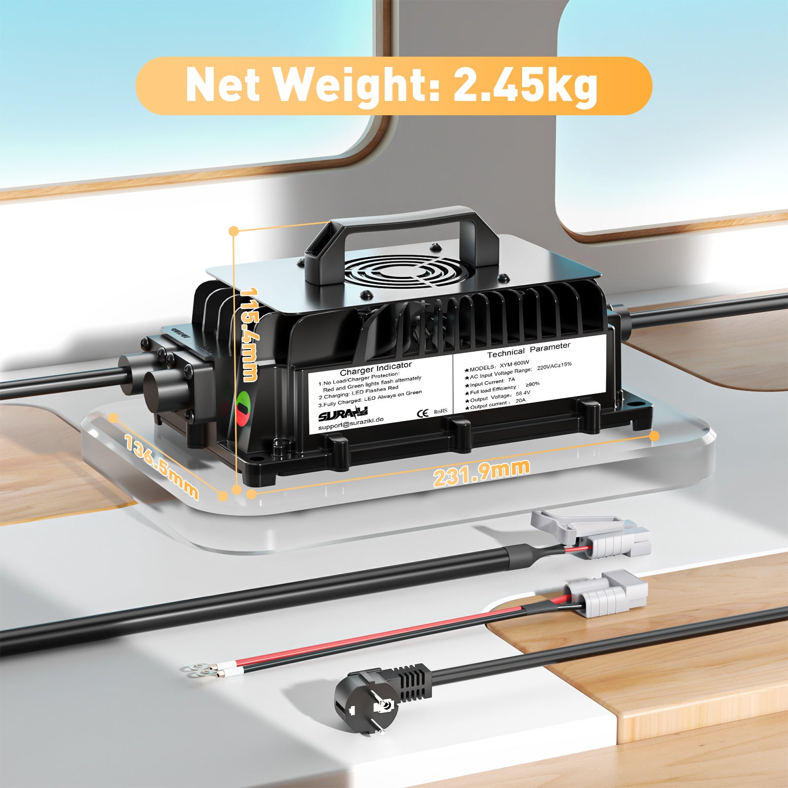 Suraziki 51,2V (48V 16S) LiFePO4 Chargeur de batterie , chargeur lithium étanche 58,4V 20A avec activation BMS 0V, adapté pour les voitures de golf et les moteurs électriques