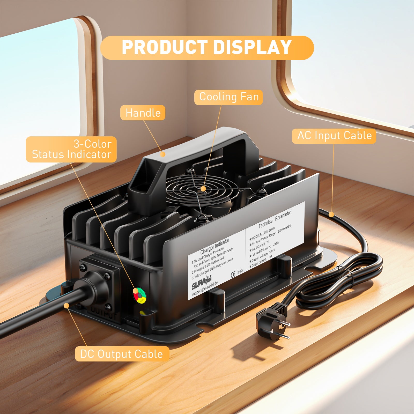 Suraziki Chargeur de batterie LiFePO4 51.2V (48V 16S), Chargeur lithium étanche 58.4V 10A, Activation BMS 0V, Arrêt automatique