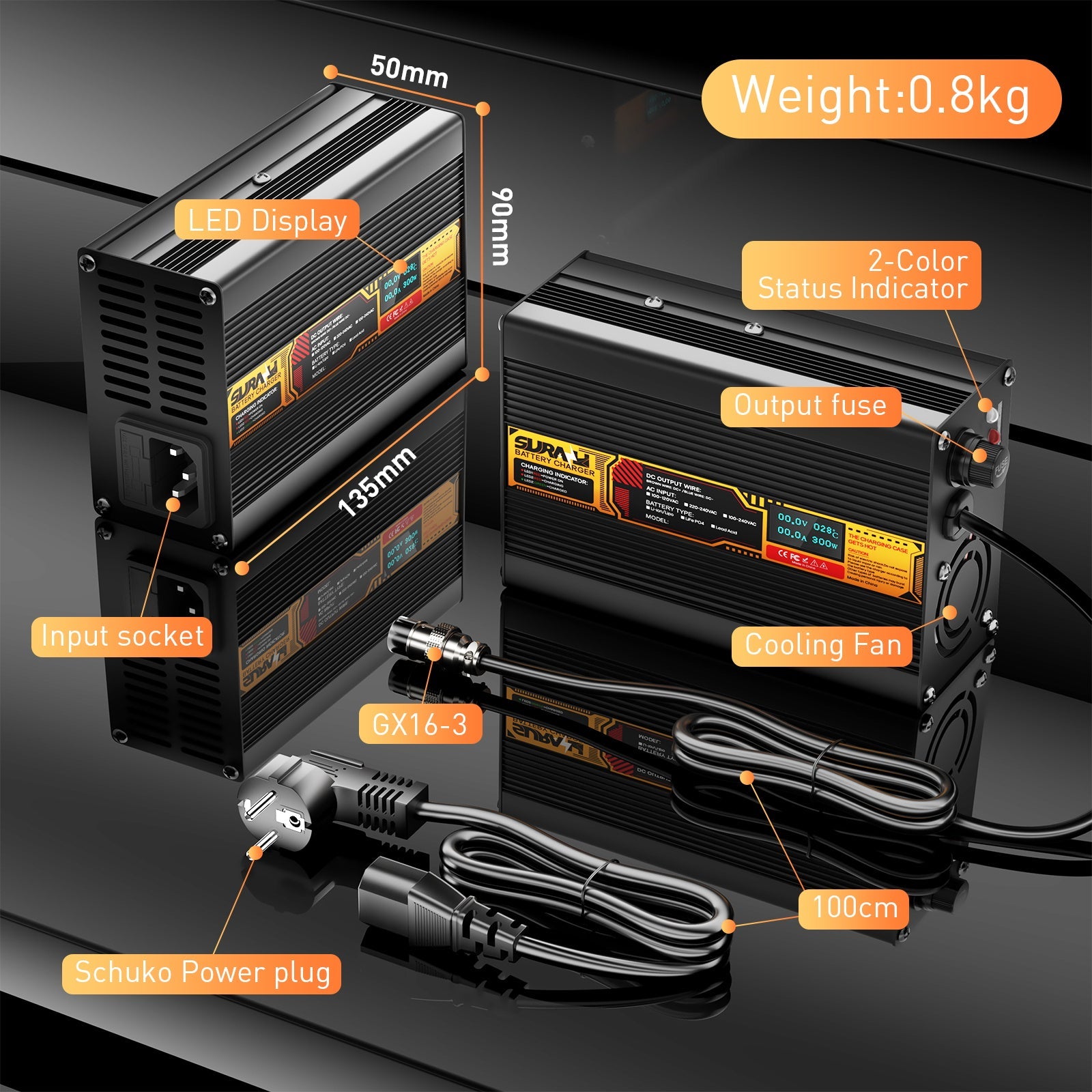 Chargeur de batterie Suraziki Lithium 84 V 3 A pour batteries lithium-ion polymère 74 V et 72 V, affichage LED, protection complète, coque en alliage d'aluminium
