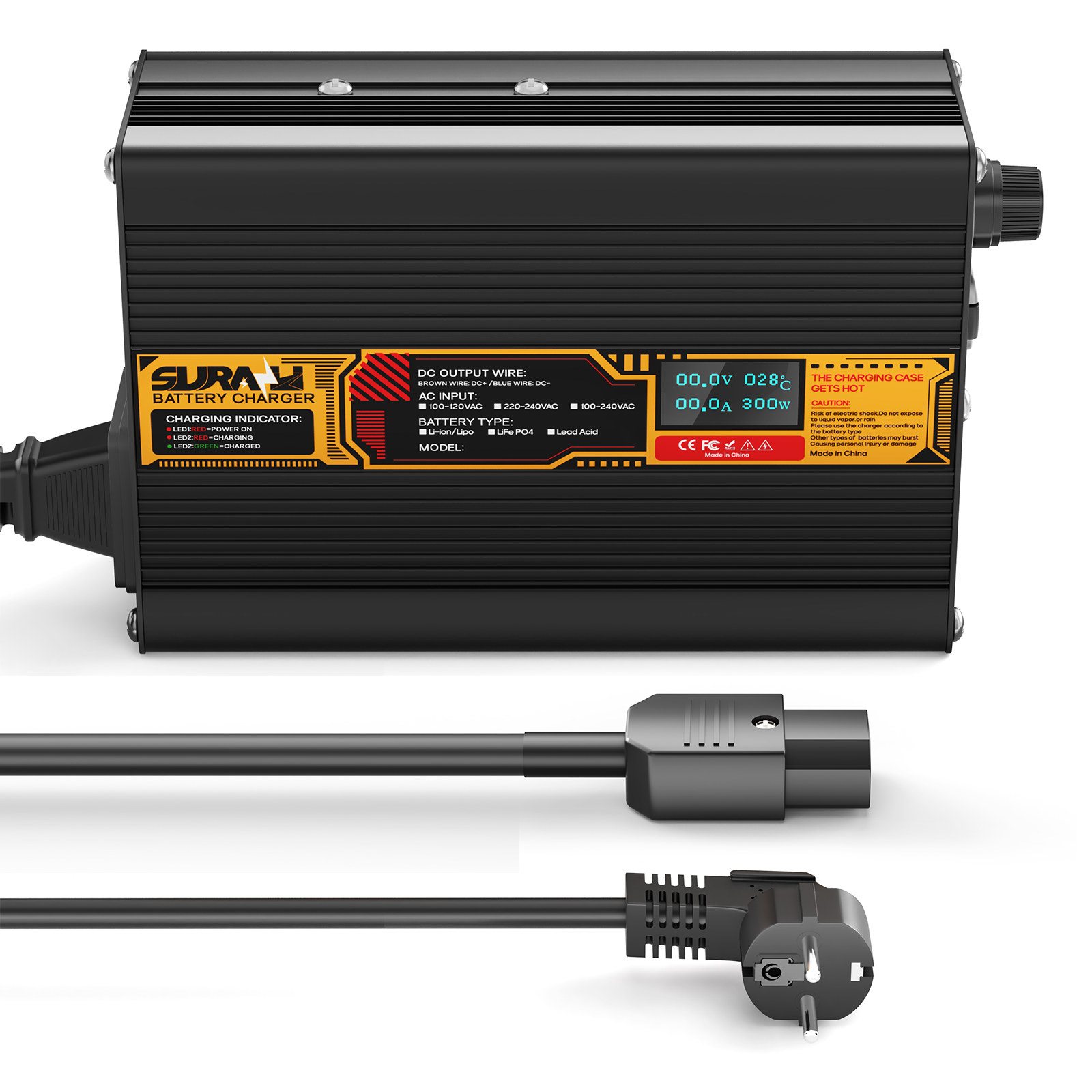 Chargeur de batterie Suraziki Lithium 67, 2 V 3 A pour batteries lithium-ion polymère 59, 2 V 60 V, affichage LED, protection complète, coque en alliage d'aluminium