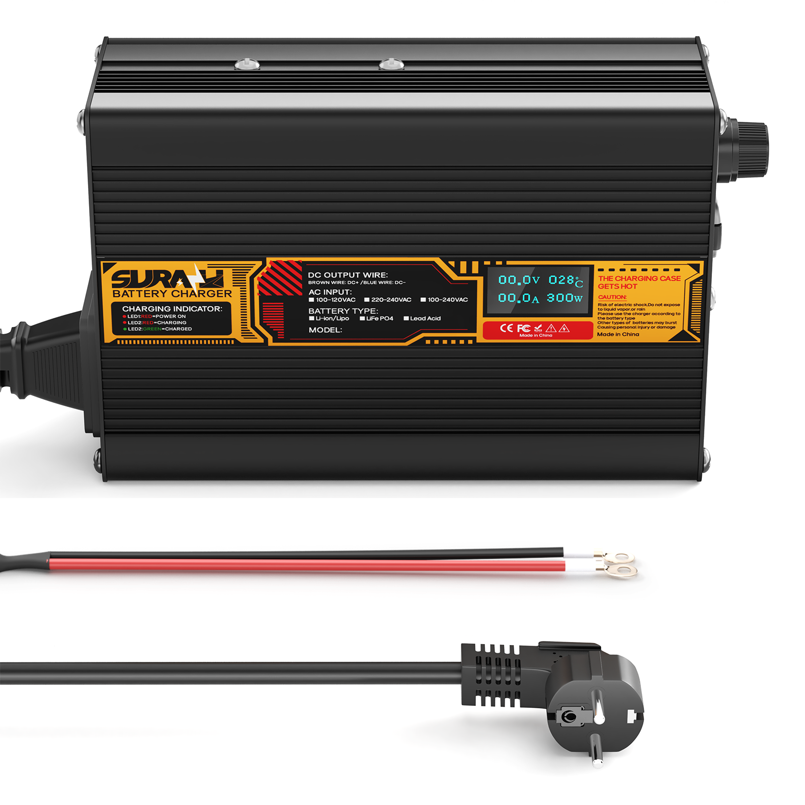 Chargeur de batterie Suraziki Lithium 84 V 3 A pour batteries lithium-ion polymère 74 V et 72 V, affichage LED, protection complète, coque en alliage d'aluminium
