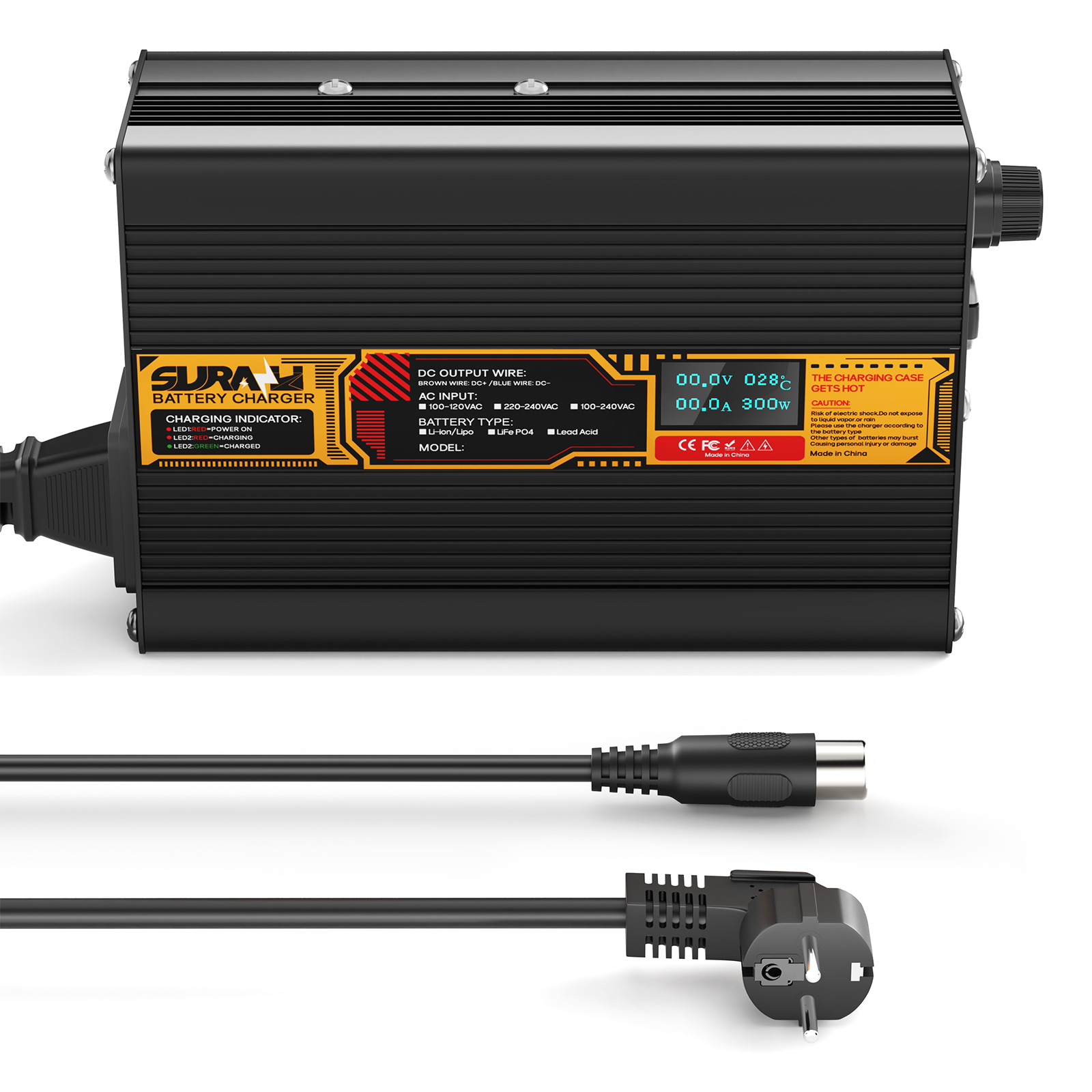 Chargeur de batterie Suraziki Lithium 84 V 3 A pour batteries lithium-ion polymère 74 V et 72 V, affichage LED, protection complète, coque en alliage d'aluminium