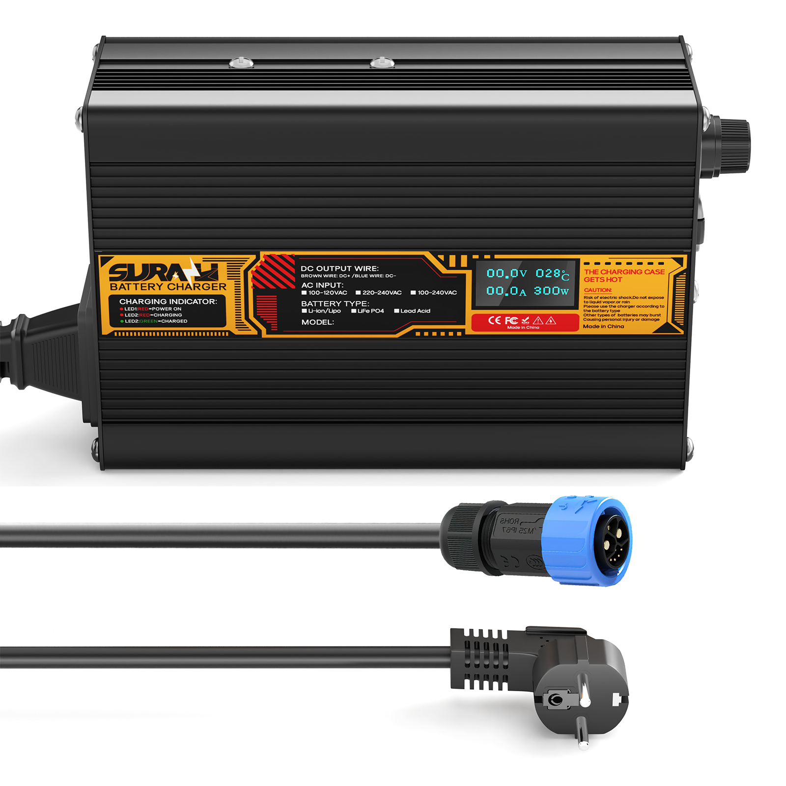 Chargeur de batterie Suraziki Lithium 84 V 3 A pour batteries lithium-ion polymère 74 V et 72 V, affichage LED, protection complète, coque en alliage d'aluminium