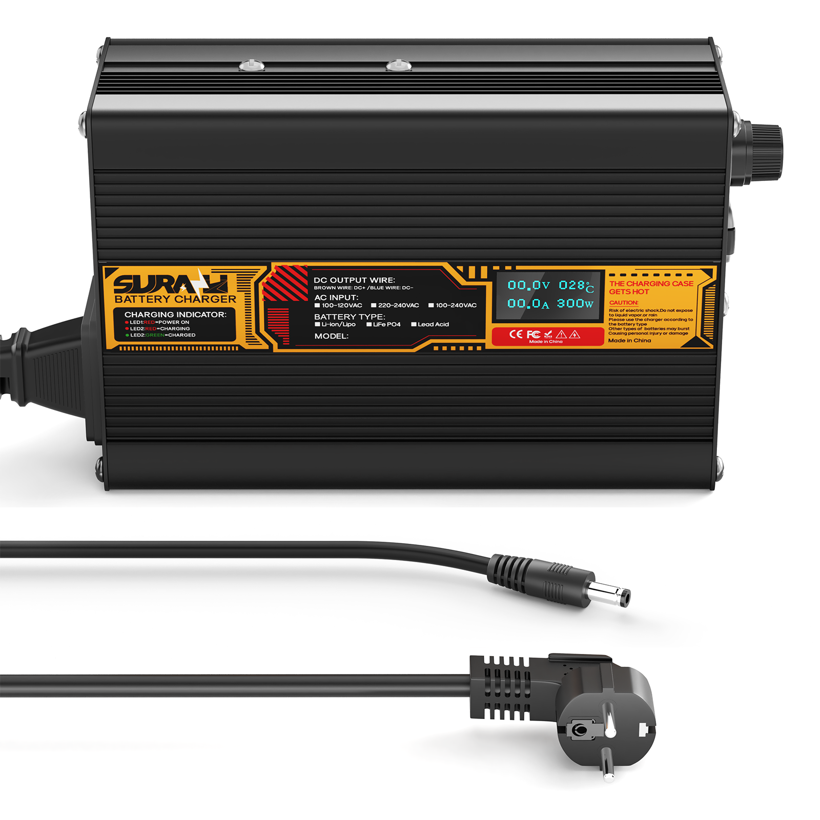 Chargeur de batterie Suraziki Lithium 67, 2 V 3 A pour batteries lithium-ion polymère 59, 2 V 60 V, affichage LED, protection complète, coque en alliage d'aluminium