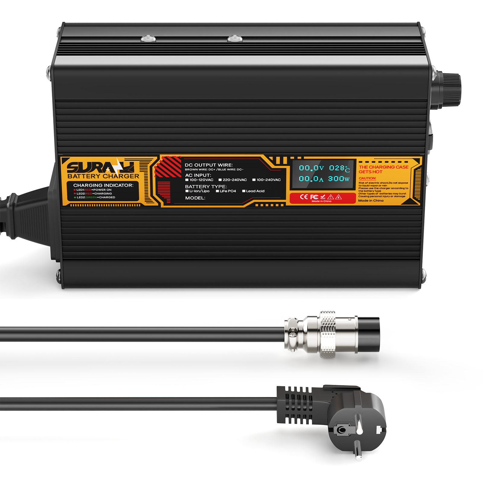 Chargeur de batterie Suraziki LiFePO4 43, 8 V 5 A pour batteries lithium-fer-phosphate 36 V/38, 4 V, affichage LED, protection complète
