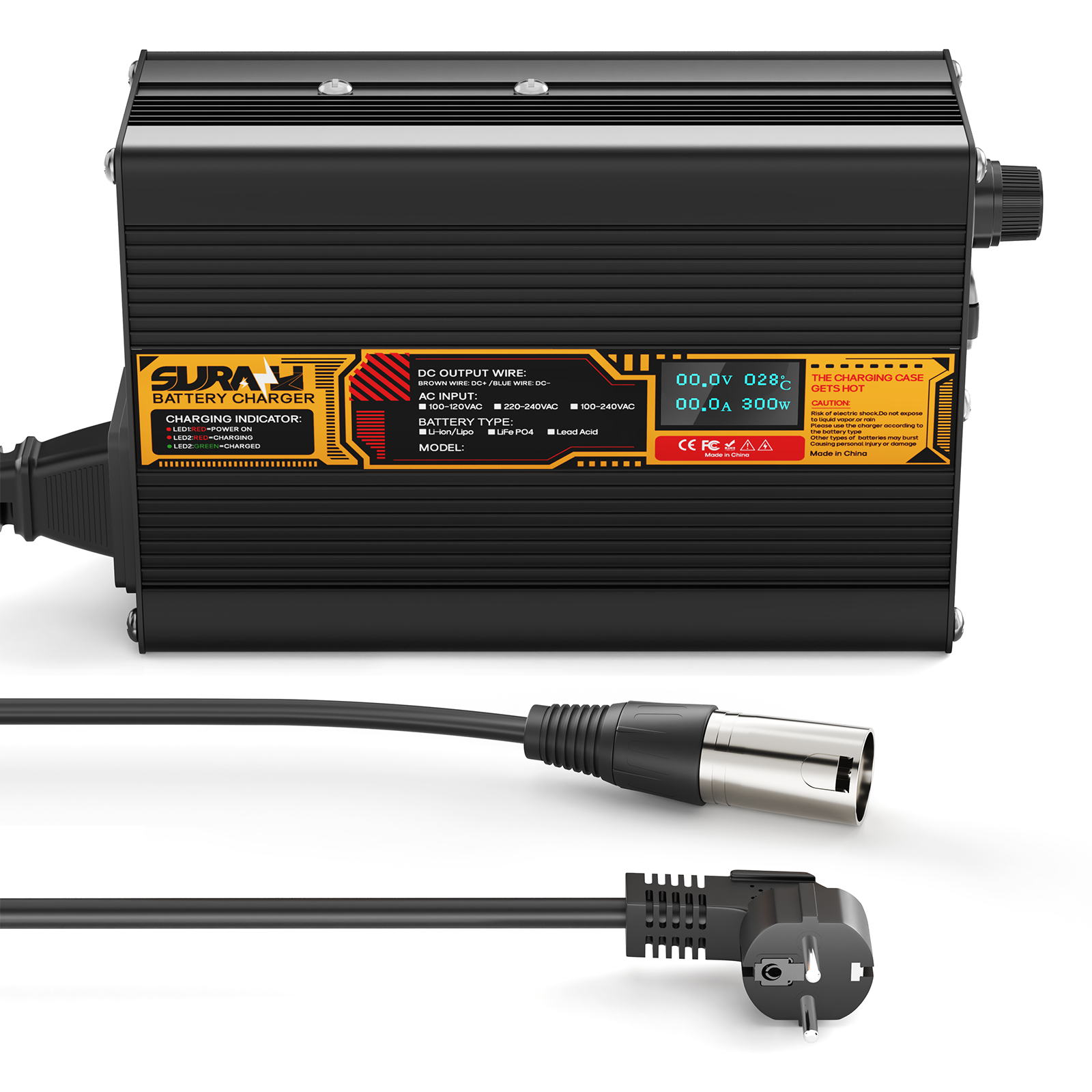 Chargeur de batterie Suraziki Lithium 84 V 3 A pour batteries lithium-ion polymère 74 V et 72 V, affichage LED, protection complète, coque en alliage d'aluminium