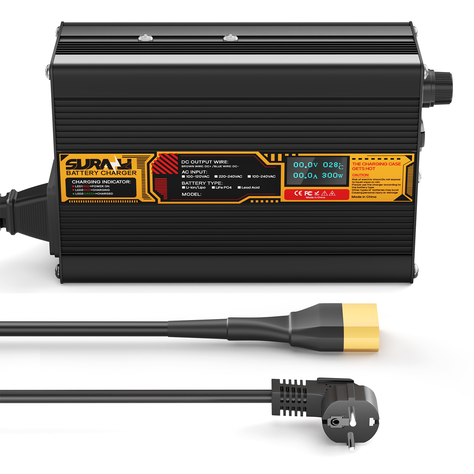 Chargeur de batterie Suraziki Lithium 67, 2 V 3 A pour batteries lithium-ion polymère 59, 2 V 60 V, affichage LED, protection complète, coque en alliage d'aluminium