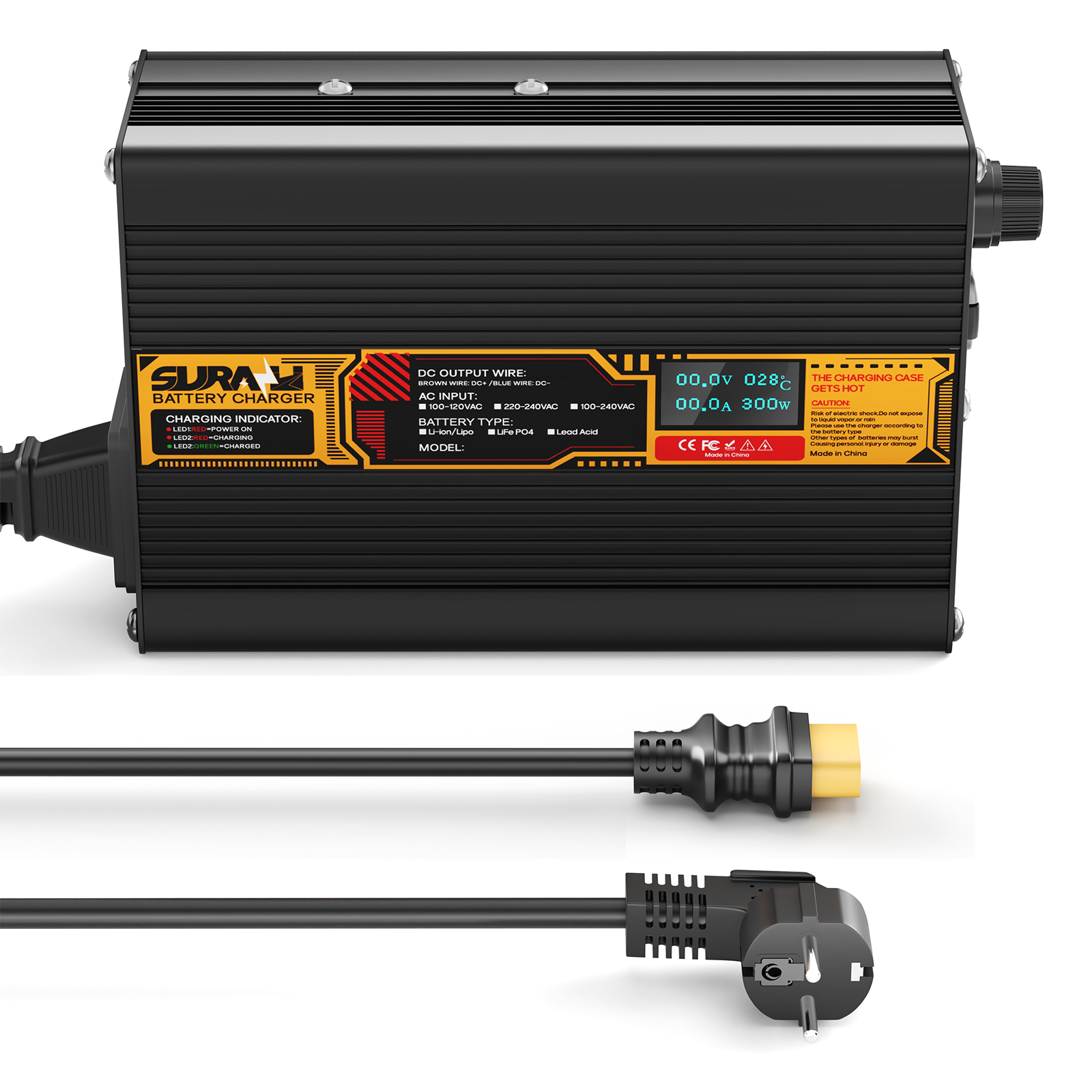 Suraziki Lithium-Akkuladegerät 75,6 V, 4 A, für 66,6 V Lithium-Ionen-Polymer-Akkus, LED-Anzeige, vollständiger Schutz, Gehäuse aus Aluminiumlegierung
