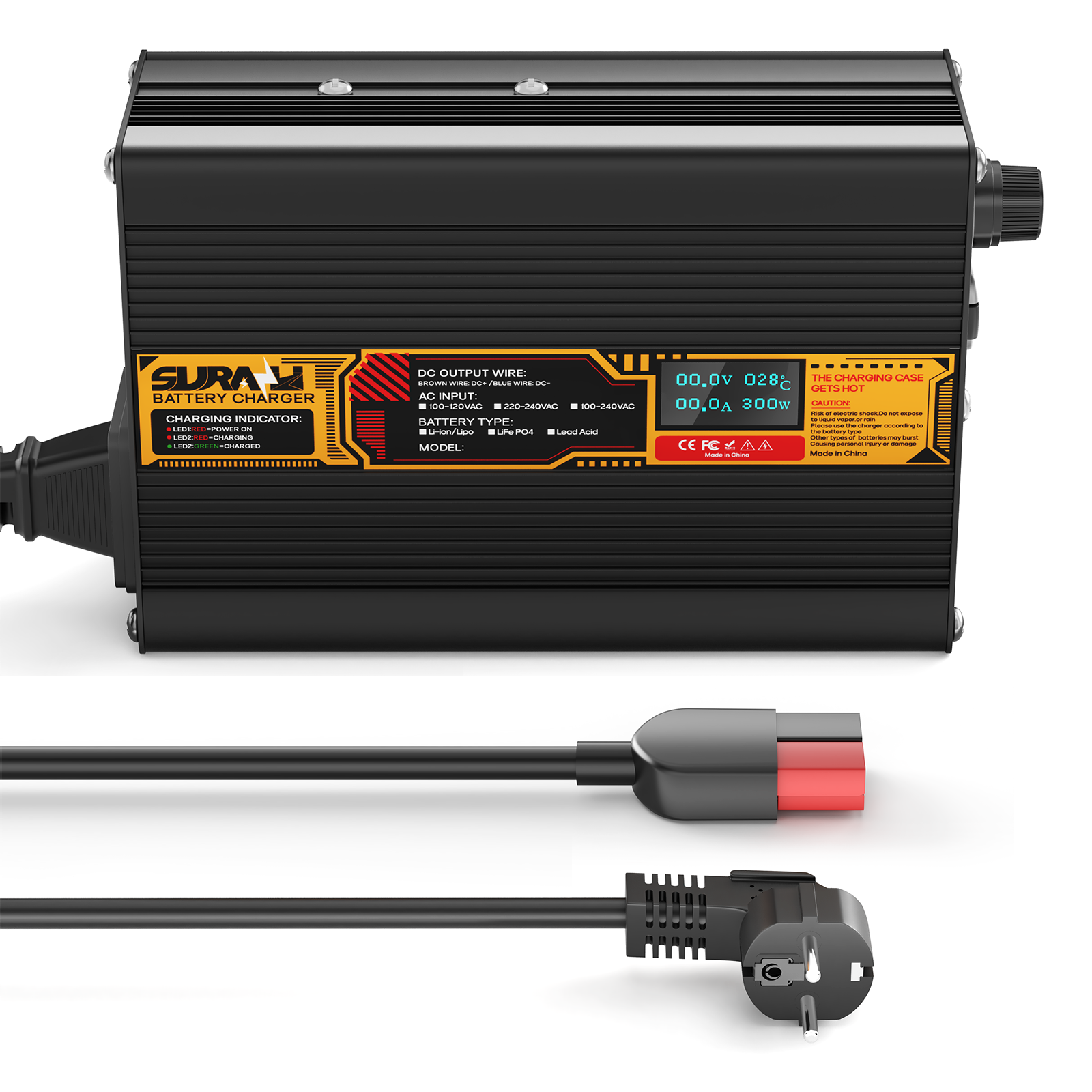 Suraziki Lithium-Akkuladegerät 75,6 V, 4 A, für 66,6 V Lithium-Ionen-Polymer-Akkus, LED-Anzeige, vollständiger Schutz, Gehäuse aus Aluminiumlegierung