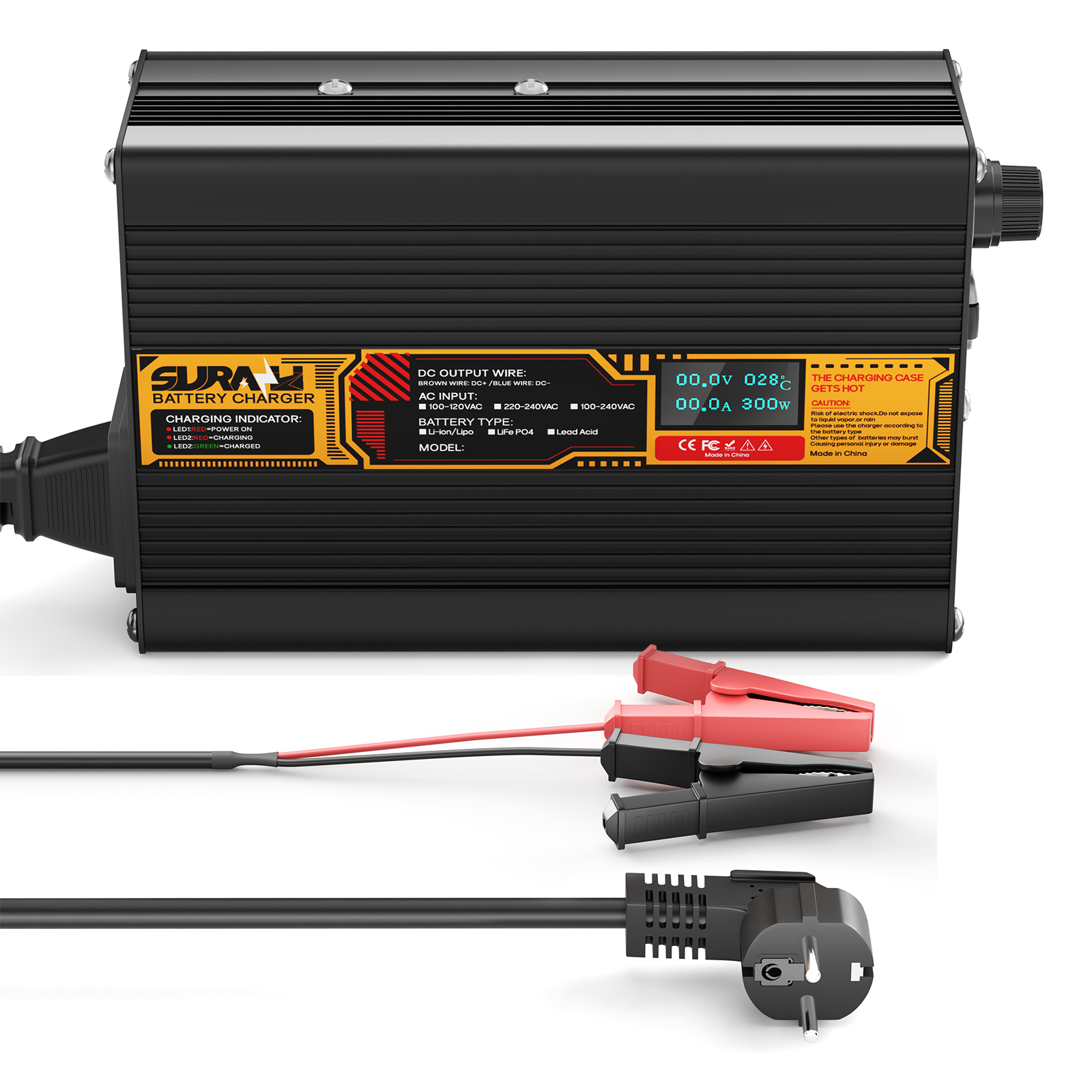 Chargeur de batterie Suraziki Lithium 84 V 3 A pour batteries lithium-ion polymère 74 V et 72 V, affichage LED, protection complète, coque en alliage d'aluminium