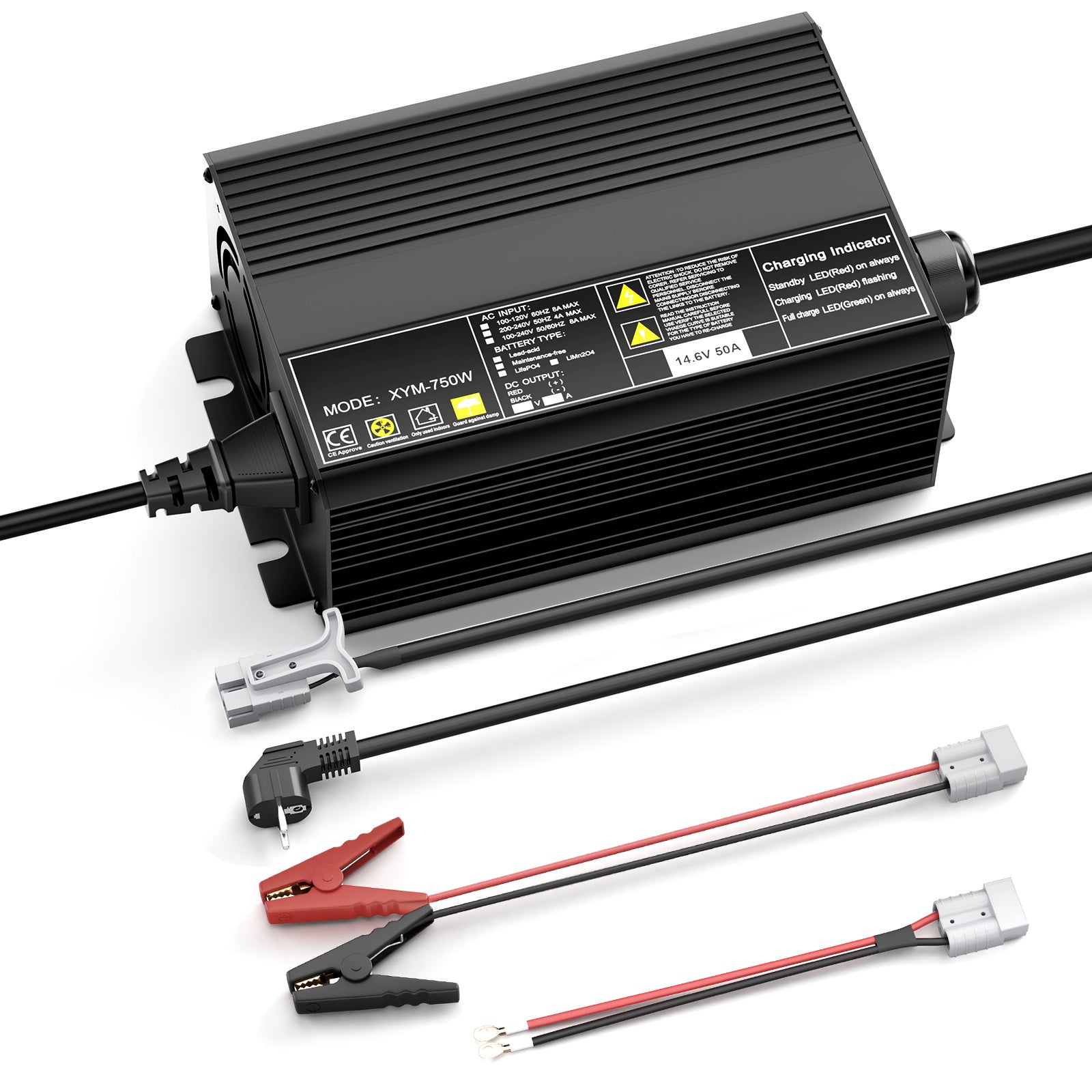 Chargeur de batterie rapide au lithium LiFePO4 12 V 50 A, tension de charge 14,6 V, activation BMS 0 V, coupure automatique, chargeur de batterie solaire pour bateau RV