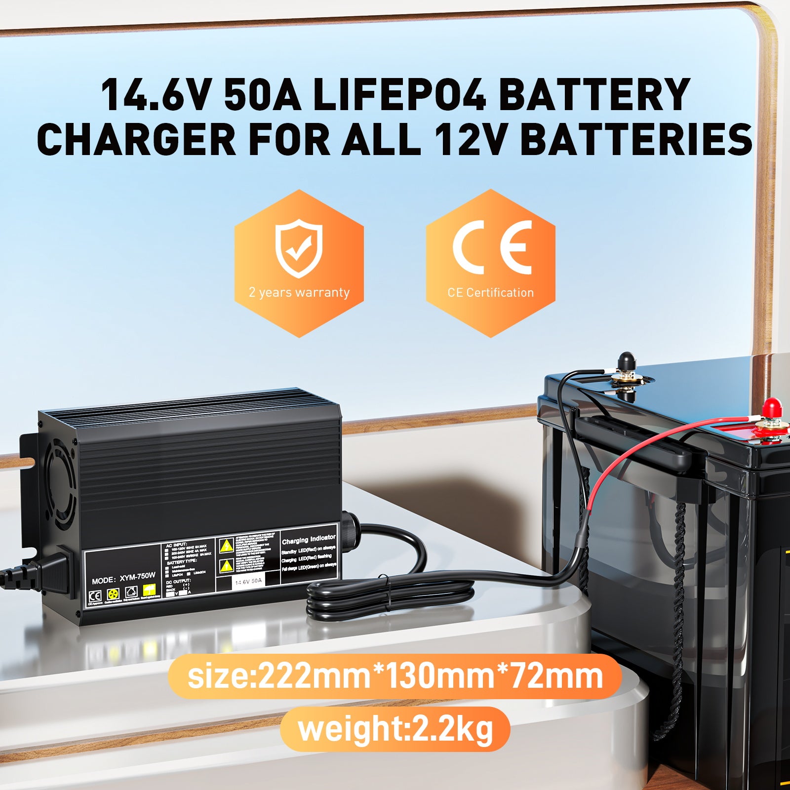 Chargeur de batterie rapide au lithium LiFePO4 12 V 50 A, tension de charge 14,6 V, activation BMS 0 V, coupure automatique, chargeur de batterie solaire pour bateau RV