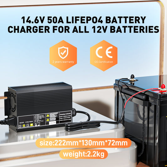 Chargeur de batterie rapide au lithium LiFePO4 12 V 50 A, tension de charge 14,6 V, activation BMS 0 V, coupure automatique, chargeur de batterie solaire pour bateau RV