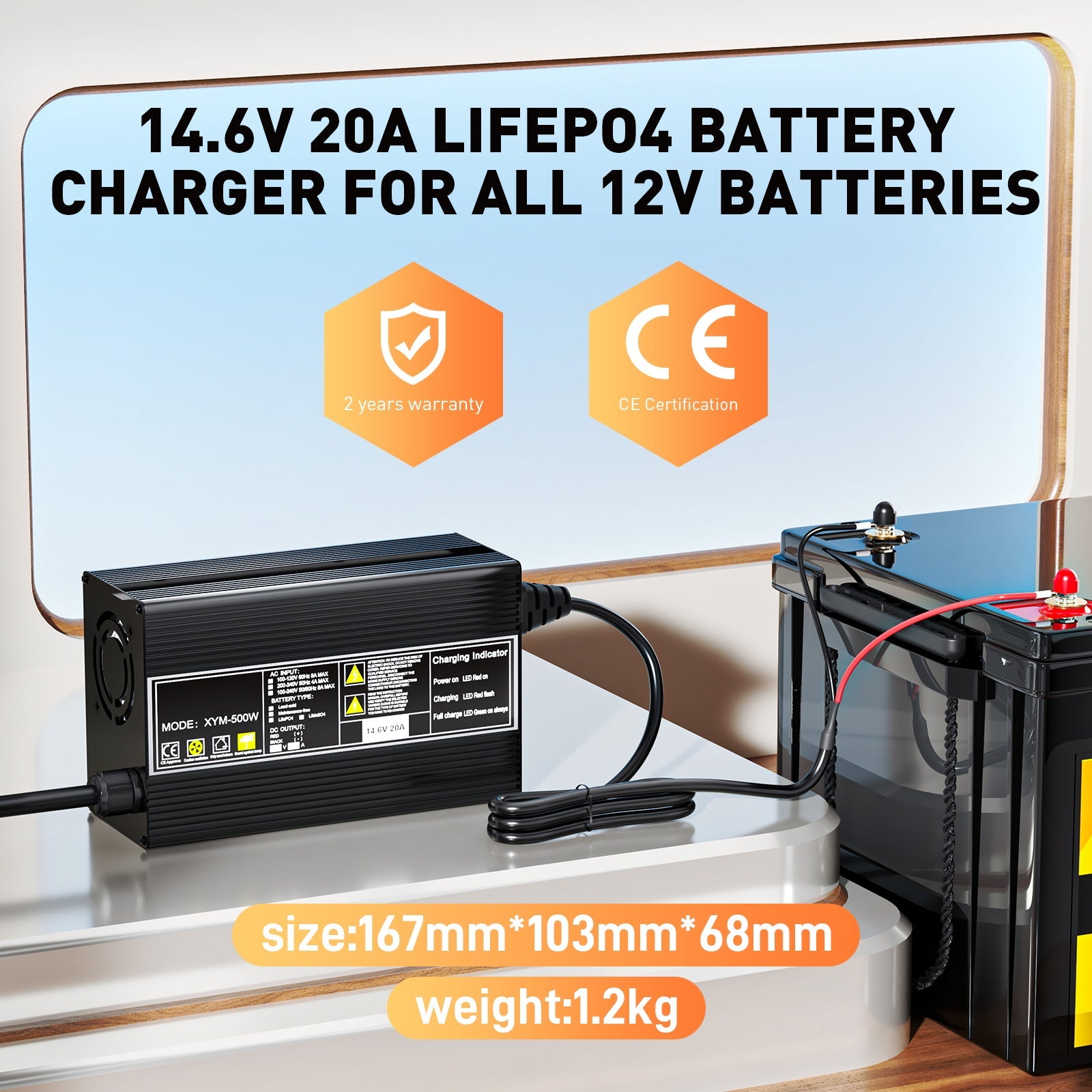 Chargeur de batterie LiFePO4 12 V 20 A, tension de charge 14, 6 V, activation BMS 0 V, avec connecteur de charge rapide Anderson 50 A