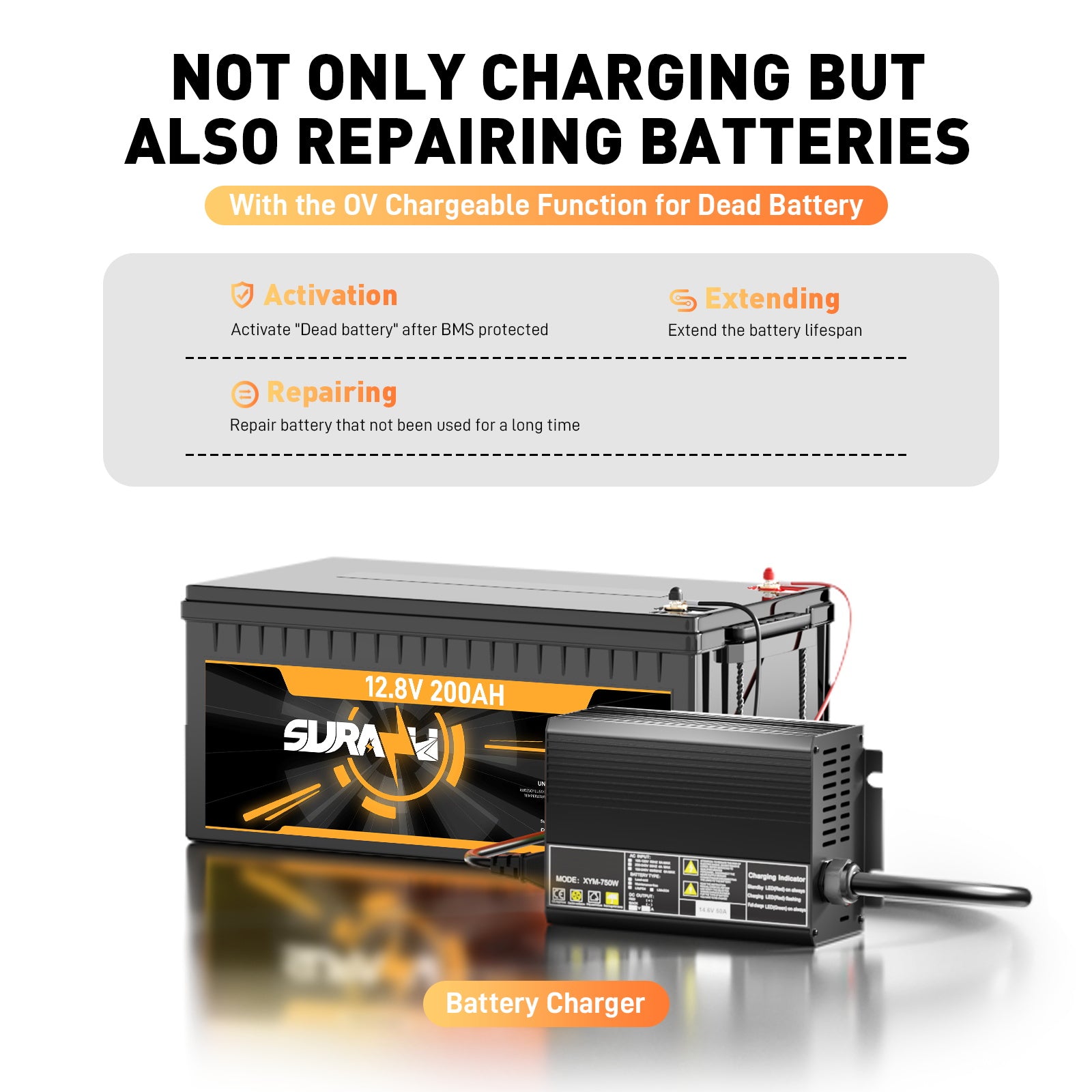 Chargeur de batterie rapide au lithium LiFePO4 12 V 50 A, tension de charge 14,6 V, activation BMS 0 V, coupure automatique, chargeur de batterie solaire pour bateau RV